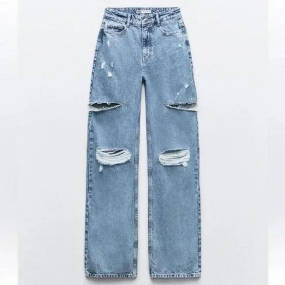 ZARA Z1975 MID WAIST RIPPED CUT OUT STRAIGHT LEG JEANS